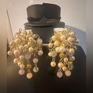 Vintage Cha-cha Cluster Statement Waterfall Clip-on Earrings Faux Pearls & Opals